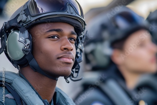 Young soldier wearing tactical gear looks ahead during training at military base in the afternoon light. Generative AI photo