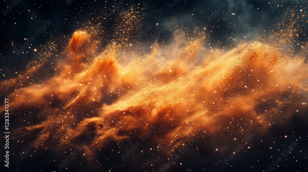 Fototapeta premium Abstract golden explosion forming delicate patterns, soft glow on black 