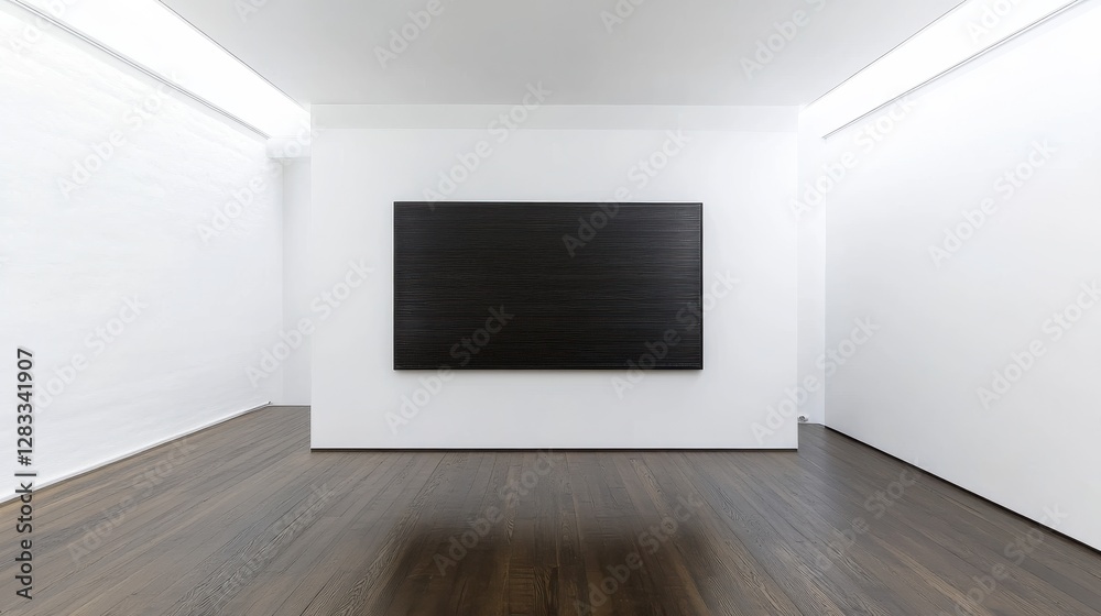 Minimalist Art Gallery Interior with Black Canvas on White Wall Minimalist Art Gallery Interior with Black Canvas on White Wall