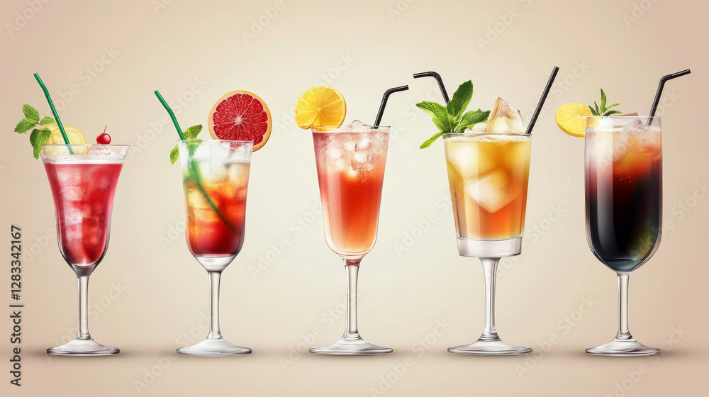 Cocktail glass with colorful liquid drinks on transparent background. Realistic vector illustration set of alcohol beverage glassware mockup for restaurant menu. Goblet with bright aperitif. Cocktail glass with colorful liquid drinks on transparent background. Realistic vector illustration set of alcohol beverage glassware mockup for restaurant menu. Goblet with bright aperitif.