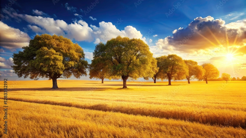 Fototapeta premium AI-generated image: a tranquil countryside scene, golden field bathed in sunlight, under a vibrant blue sky.