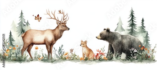 Watercolor woodland scene with stag bear forest animals flowers trees wildlife