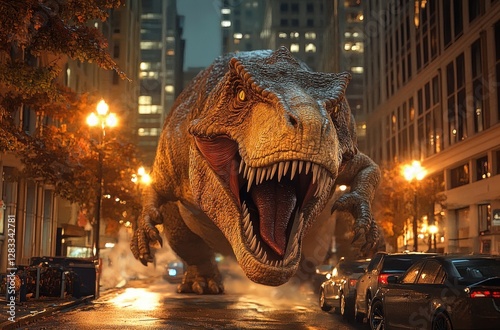 T-Rex Rampaging Through City Night Destruction Roaring Cars Skyscrapers photo