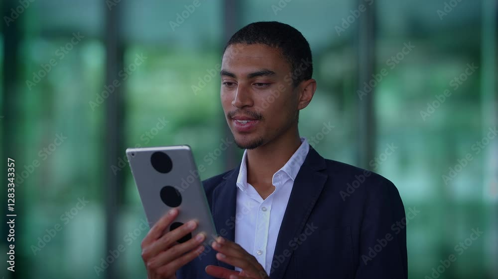 A businessman is actively engaged with his tablet in a modern and sophisticated workspace A businessman is actively engaged with his tablet in a modern and sophisticated workspace