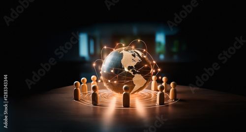 A glowing globe is encircled by wooden figures, symbolizing global connections and a network of people in a digitally connected world under a spotlight.