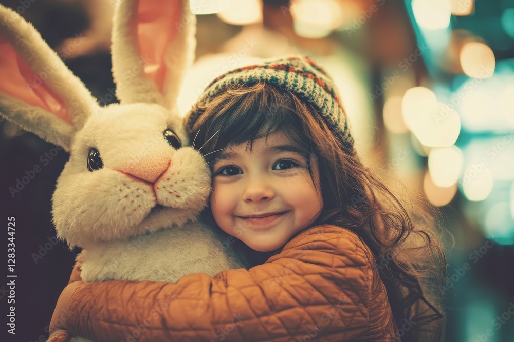 Fototapeta premium Child joyfully hugs a soft bunny toy while celebrating Easter with family at a festive spring gathering