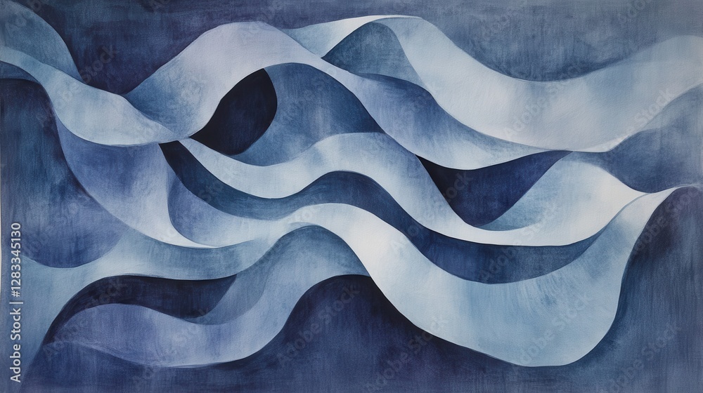 The painting is of a wave with a blue and white color scheme The painting is of a wave with a blue and white color scheme