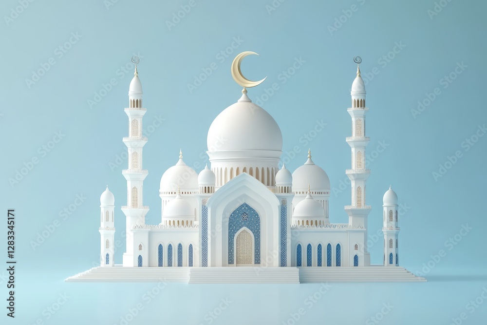 Obraz premium A Beautiful White Mosque with Golden Crescent Ornamented on Top