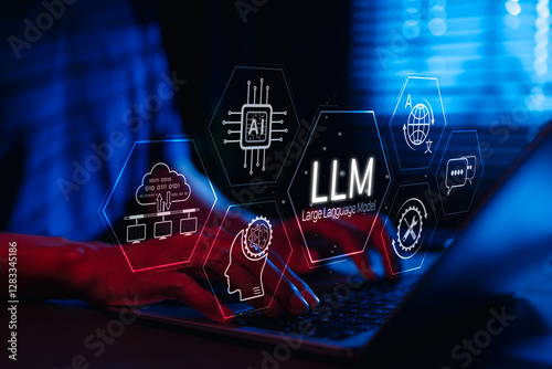 LLM Large Language Model and AI technology concept. Man working with LLM interface icons, artificial intelligence, deep learning, machine learning, natural language processing, Chat AI, Chatbot, photo