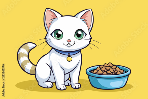vector of  White kitten standing next to a bowl of dry cat food on a yellow background