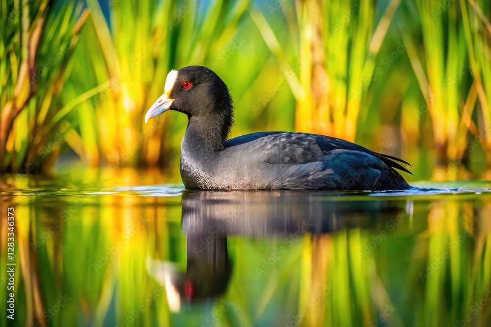 Bird's-eye view of Eurasian Coot navigating its marshland habitat; captivating wildlife photography. Bird's-eye view of Eurasian Coot navigating its marshland habitat; captivating wildlife photography.