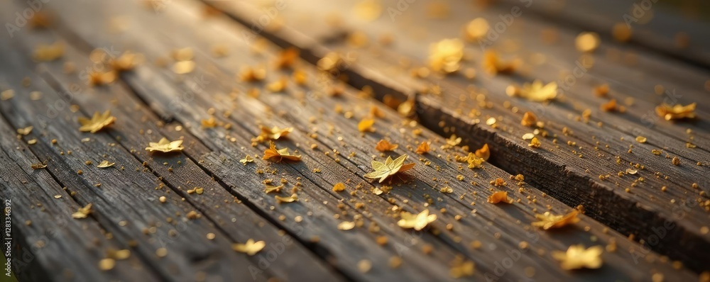 Abstract gold flakes scattered on weathered wood, natural wood tone, gold flakes, wooden surface Abstract gold flakes scattered on weathered wood, natural wood tone, gold flakes, wooden surface