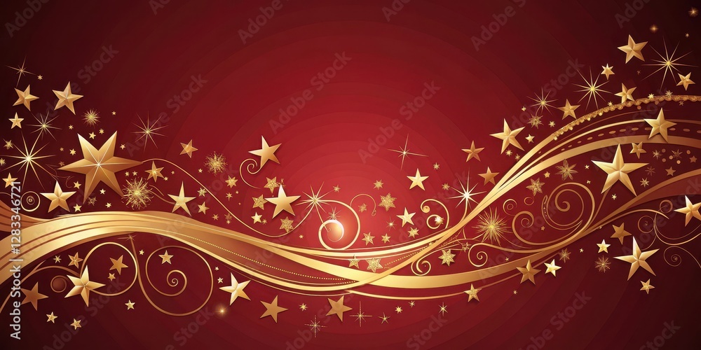 Elegant gold stars and swirls on a deep red background with subtle gradient effect Elegant gold stars and swirls on a deep red background with subtle gradient effect