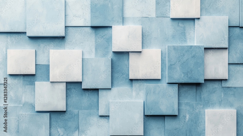 A modern, textured wall made of varying blue and white square tiles, creating a visually appealing pattern. A modern, textured wall made of varying blue and white square tiles, creating a visually appealing pattern.
