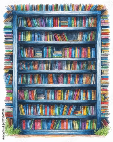 Library bookshelf filled with stories child like drawing on a white background crayon art whimsical youthful hand drawn cartoon photo