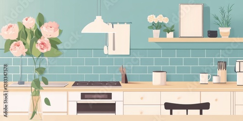 A kitchen with a blue tile backsplash and a white countertop