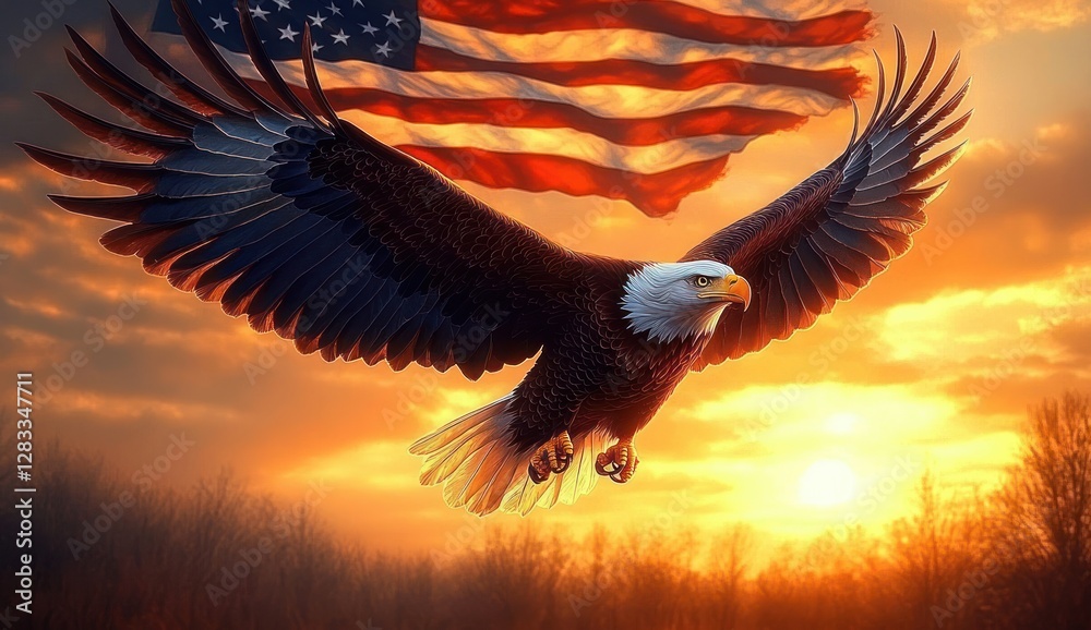 Obraz premium Bald Eagle Soaring with American Flag at Sunset - Patriotism and Freedom Icon