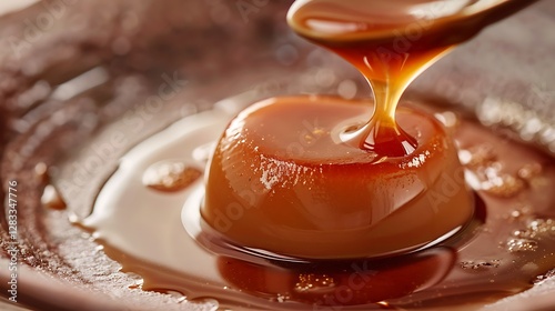 Smooth Caramel Dessert with Sauce on a Rustic Plate and Spoon Drizzling Rich Liquids