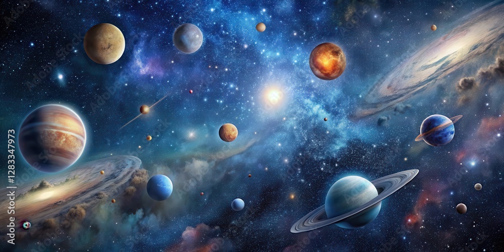 Obraz premium Starry Night Sky with Galaxies and Planets, celestial, astronomical objects