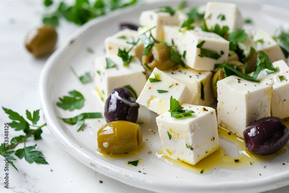 Marinated feta with olives on plate. AI image Marinated feta with olives on plate. AI image