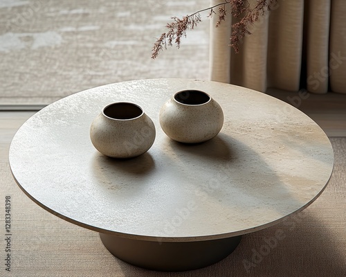 Minimalist still life with round marble table ceramic vessels in soft lighting photo