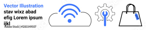 Cloud with wireless signal, gear with wrench, and shopping bag symbolize technology, e-commerce, setup, innovation, online shopping, digital solutions and accessibility. Ideal for tech business