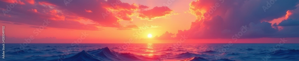 Fototapeta premium Abstract sunrise, fiery hues paint pastel sky above calm ocean, backdrop, coastal