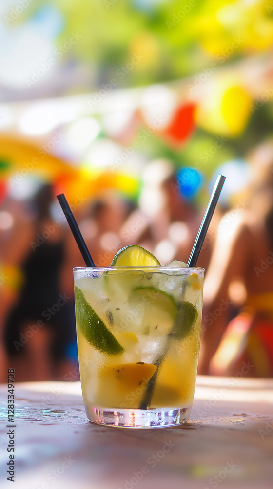 Classic Caipirinha cocktail with lime and ice at a vibrant summer festival Classic Caipirinha cocktail with lime and ice at a vibrant summer festival