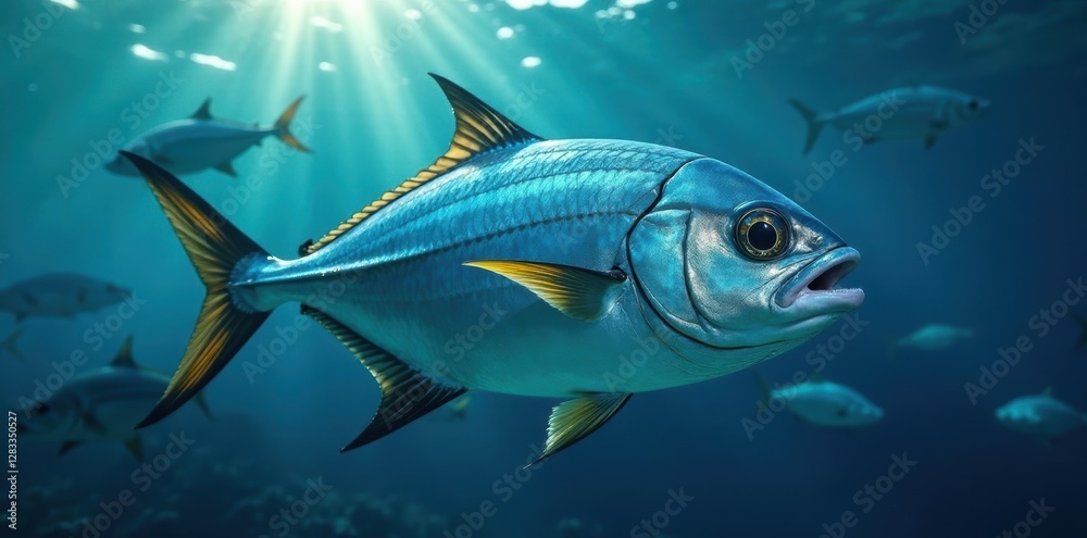 Naklejka premium A shimmering, tightly packed school of bigeye trevally, flashing silver in the sunlight , marine life, hunting, jacks