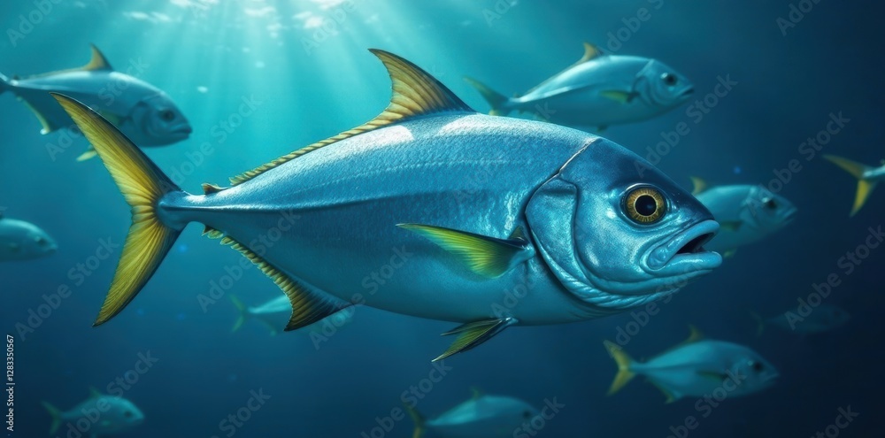Fototapeta premium A shimmering, tightly packed school of bigeye trevally, flashing silver in the sunlight , school, trevally, coral
