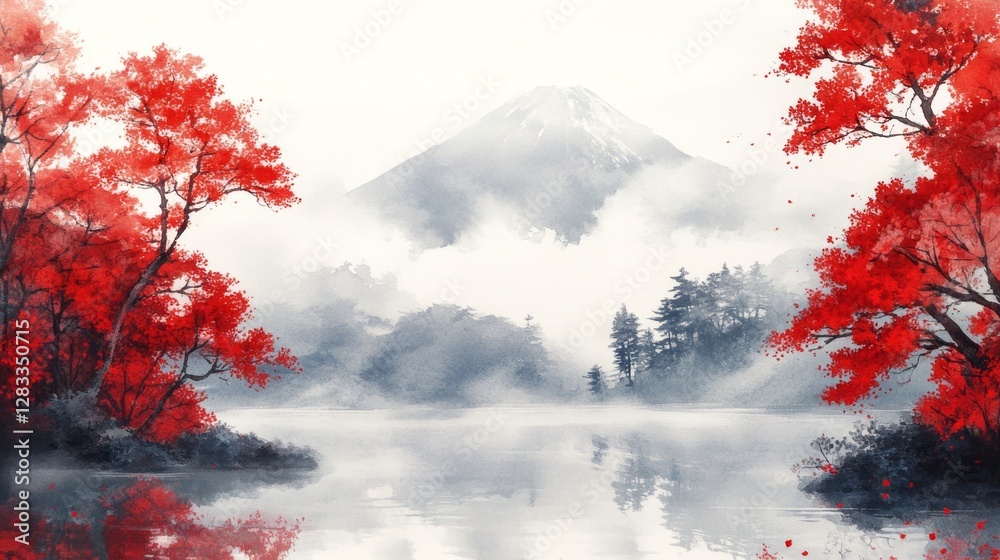 Tranquil Landscape in Japan with Autumn Trees and Mountain Backdrop