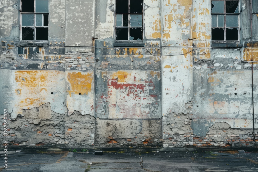 Naklejka premium Photo of White rotten wall of old abandoned industrial building. Background texture for backdrops or mapping