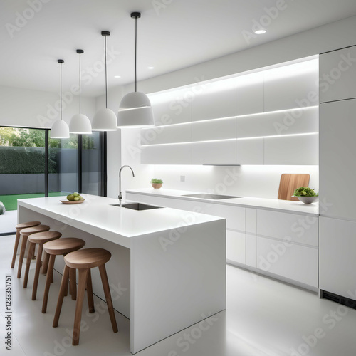 Modern White Kitchen: A sleek, all-white kitchen with handleless cabinets, a smooth countertop, and subtle LED underlighting.
 photo