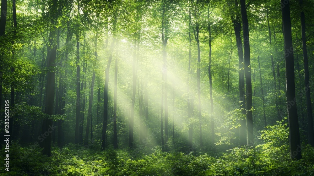 Fototapeta premium Ethereal Light Shining Through Lush Green Forest Trees and Foliage