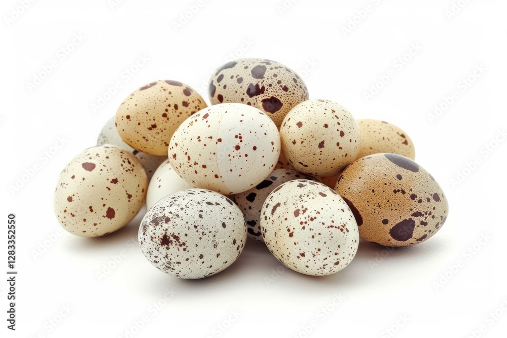 Speckled quail eggs on white background. AI image Speckled quail eggs on white background. AI image
