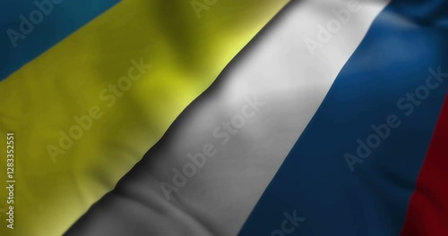 Ukraine and Russia waving flags looping. Ukrainian and Russian symbols banner blowing in the wind seamless and looped concept animation.