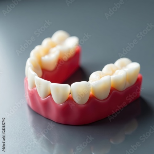 Close-up of meticulously crafted dentures on polished gray surface , gum, high detail