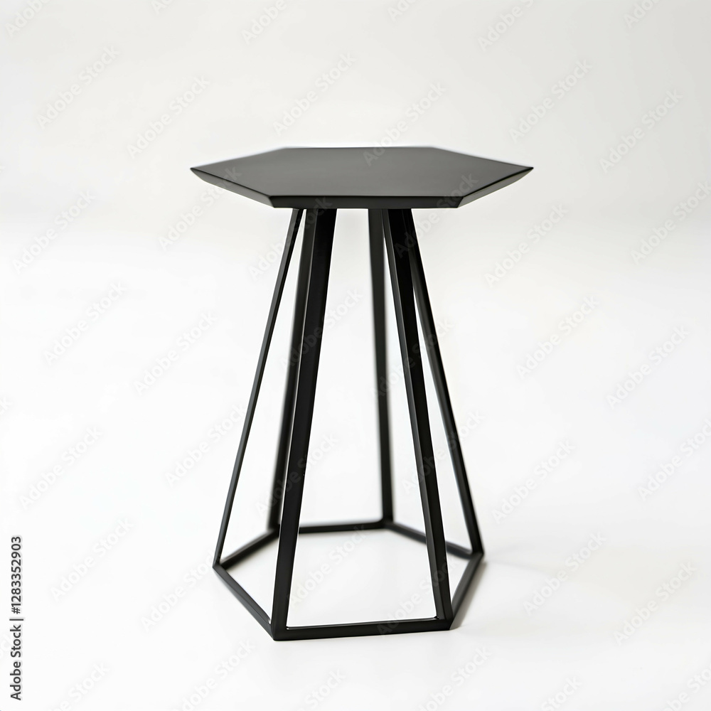 Naklejka premium Geometric Side Table: A small, polygonal metal side table with a matte black finish, displayed on a white background. 