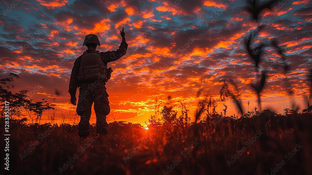 Fototapeta premium Soldier saluting in silhouette against sunset, embodying honor and resilience.