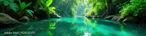 Emerald water flows smoothly, reflecting jungle's vibrant colors, view, reflection