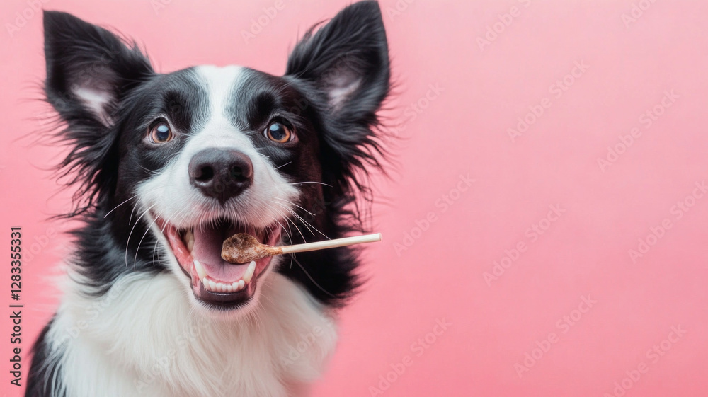 A dog is smiling and holding a stick in its mouth A dog is smiling and holding a stick in its mouth
