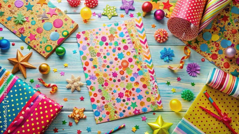 A single sheet of colorful birthday paper with intricate designs and patterns on it A single sheet of colorful birthday paper with intricate designs and patterns on it