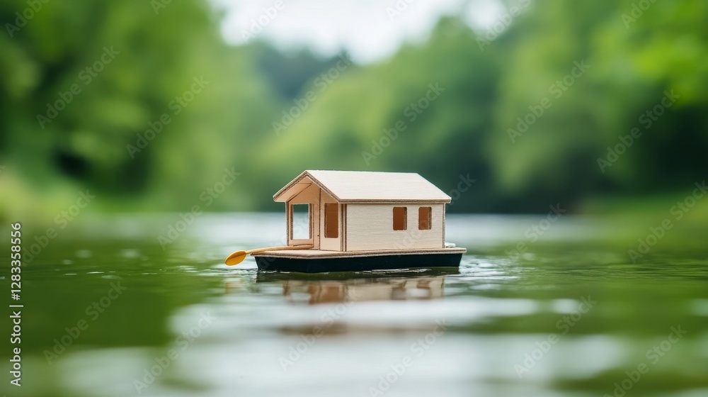 Fototapeta premium Tranquil Floating House on Calm River Surrounded by Lush Nature
