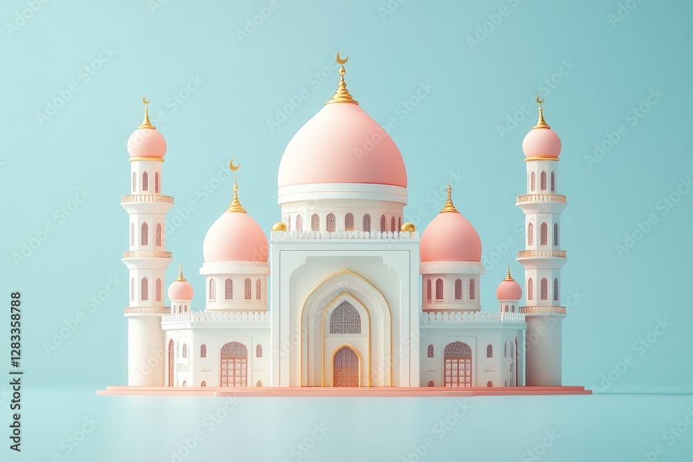 Obraz premium A Beautifully Designed Mosque Depicted Against A Soft Blue Background