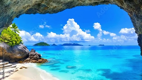 Tropical beach with palm trees, crystal clear turquoise water