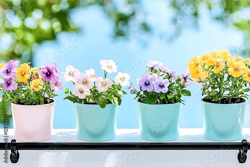 Wallpaper Mural Colorful potted pansy flowers in pastel pots on a balcony railing, with a blurred blue sky and green foliage in the background. Close-up Torontodigital.ca
