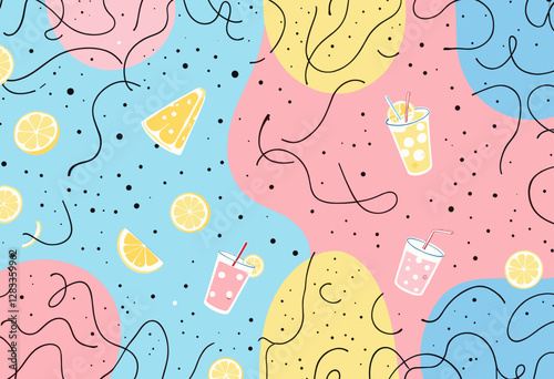 a vibrant mix of pink, blue, yellow, and white colors, with lemon slices and drinks in the center.