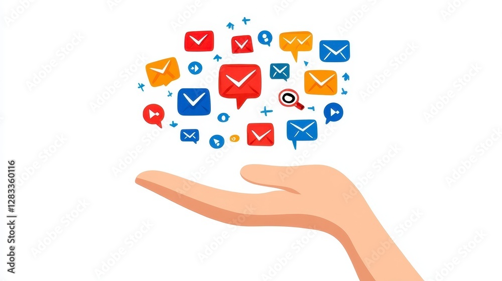 Pixel Art Hand Holding Colorful Email Icons and Speech Bubbles