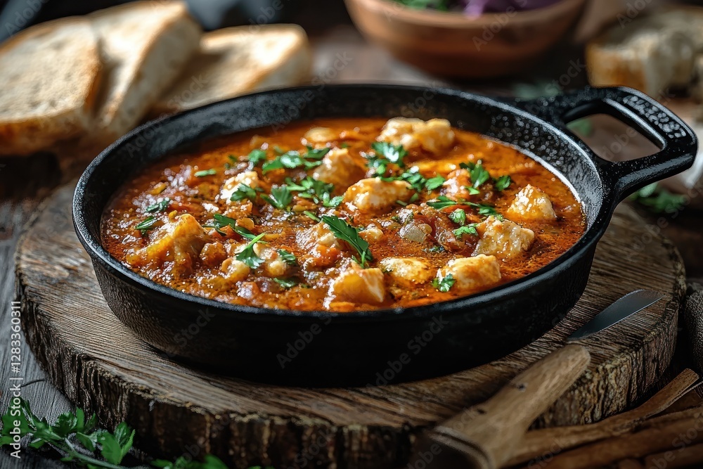 Hearty Beef and Tripe Stew with Spices and Vegetables Served with Fresh Bread Hearty Beef and Tripe Stew with Spices and Vegetables Served with Fresh Bread