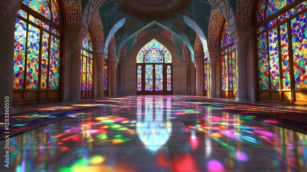 Obraz premium Colorful Stained Glass Reflections in Historic Architectural Space